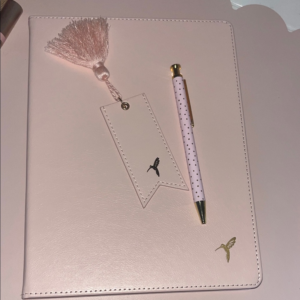 Papyrus Blush Pink Faux Leather Notebook with Bookmark Tassel and Polka Dot Pen